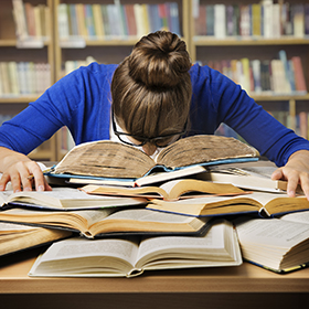 Student Studying Hard Exam and Sleeping on Books, Tired Girl Read Difficult Book in Library